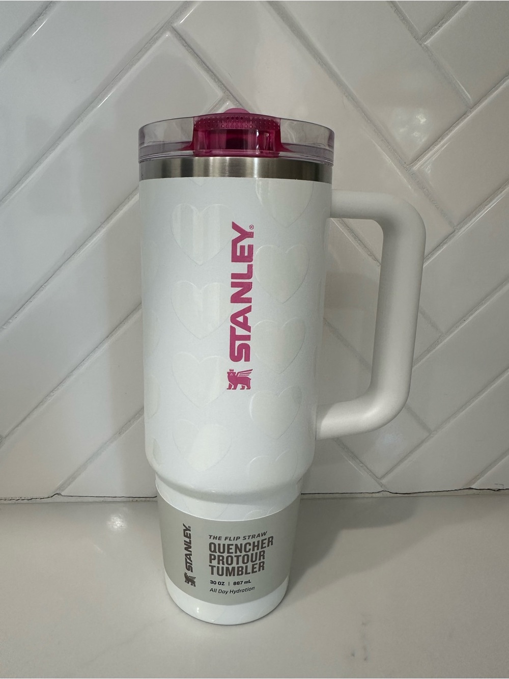 Stanley White Tumbler with Pink Lid